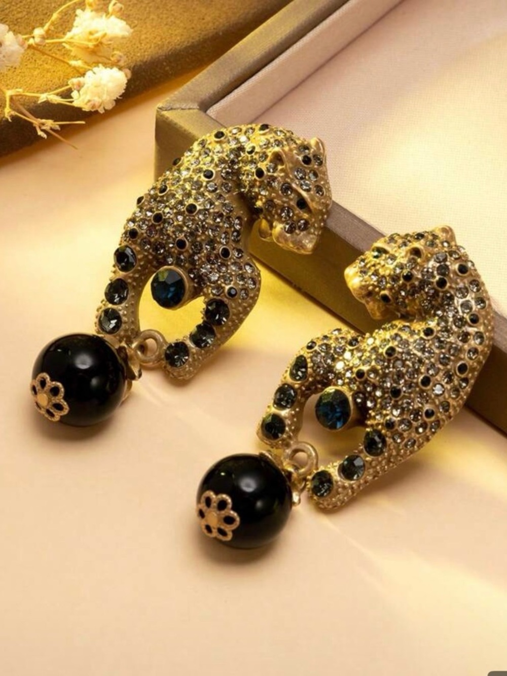 Vintage earrings Gold Leopard Crystal Drop Earrings with Black Bead